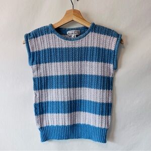 Vintage Nicole Curie Linen Cotton Knit Sweater Vest Blue Stripe Y2K Small